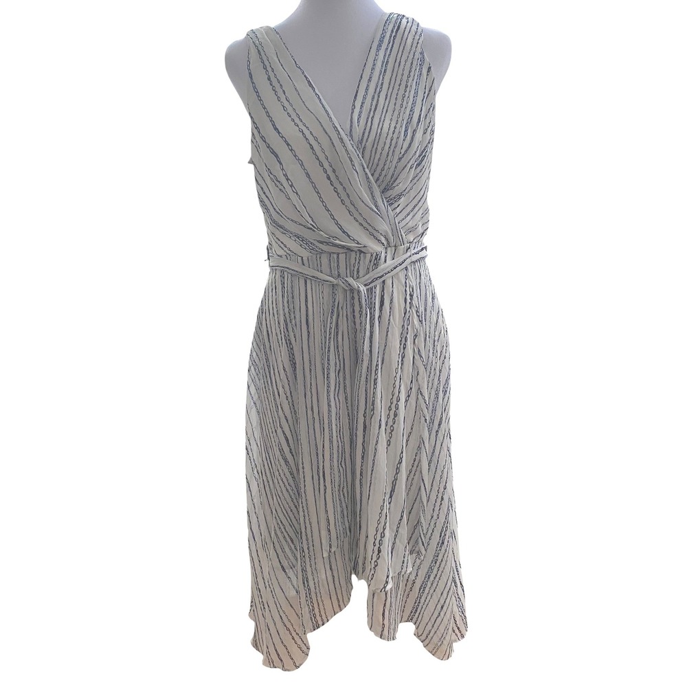 DKNY White Navy Blue Chain Print Wrap Handkerchief Hem Midi‎ Dress Size 8